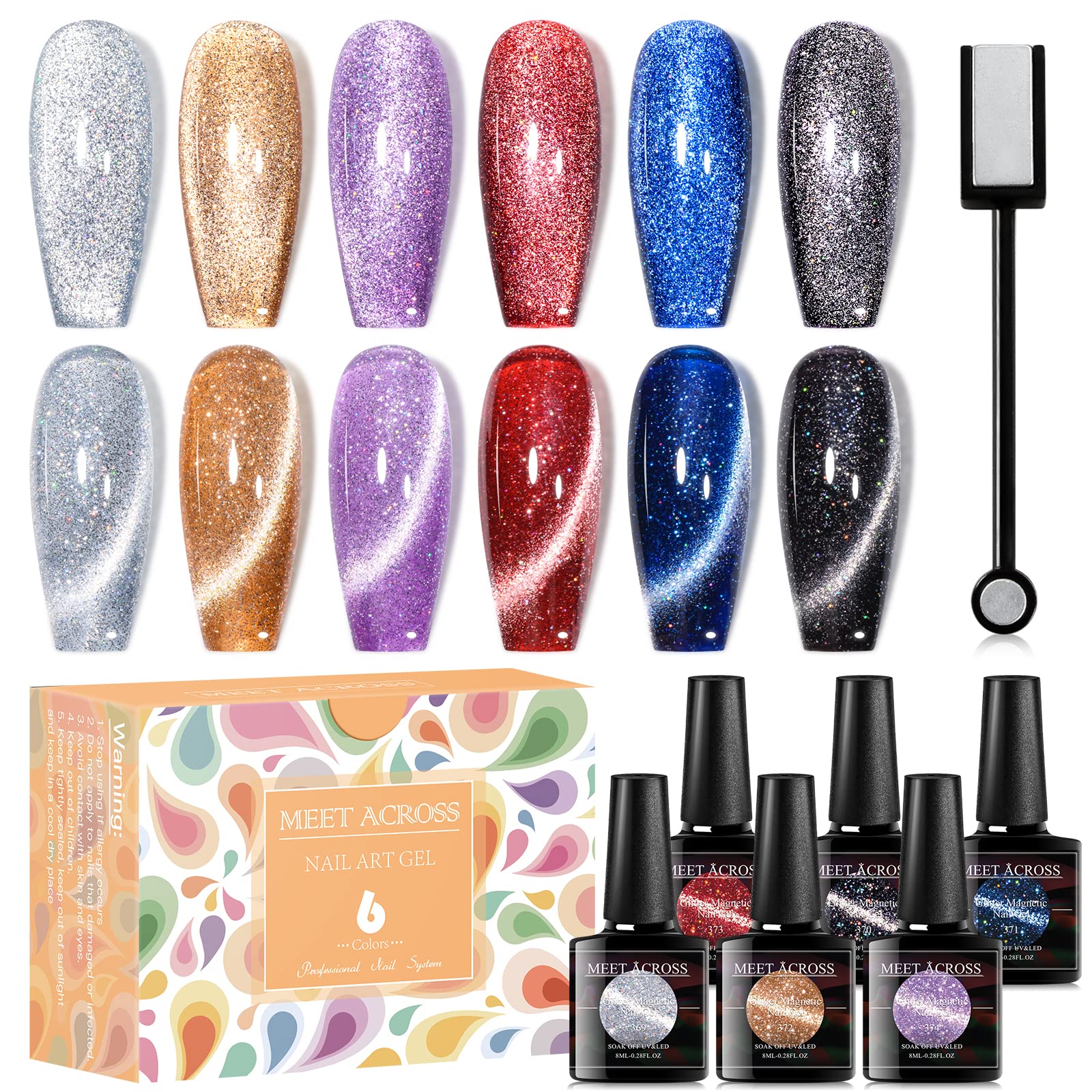 MEET ACROSS Glitter Cat Eye Gel Nail Polish Set Soak Off UV LED